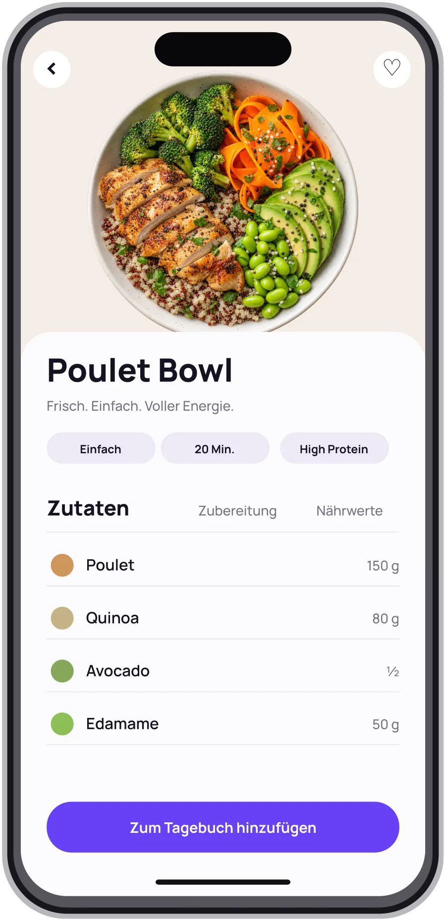 App-Konzept Rezeptansicht Lachs Bowl mit Zutaten